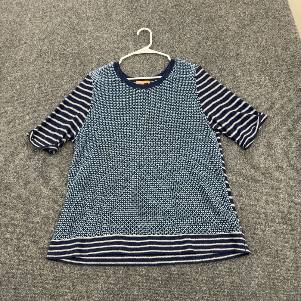 Kier + J Sweater Women XL Blue Linen Cotton Striped Short Sleeve Crewneck Casual